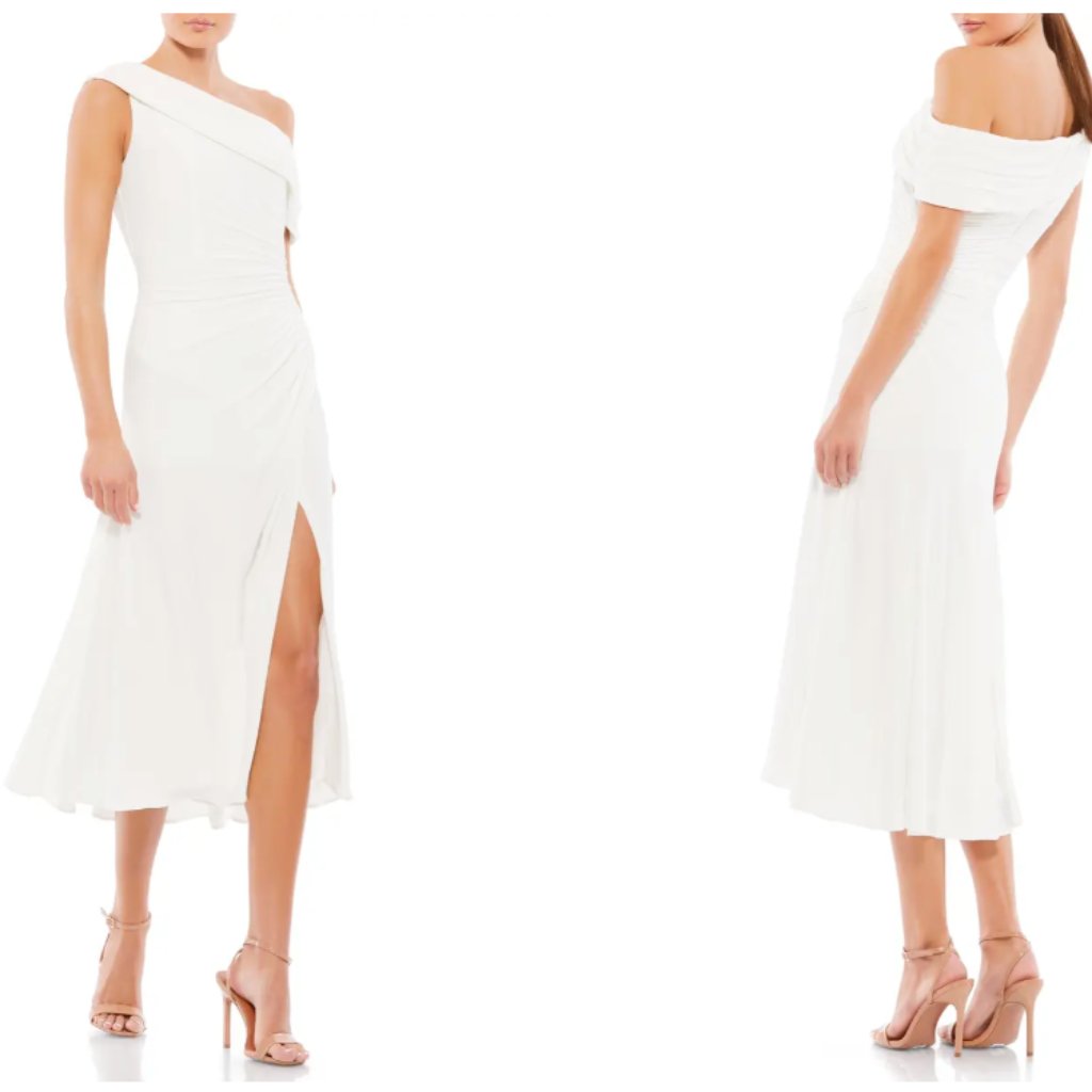 Mac Duggal Foldover Rcuhed One Shoulder White Midi White Dress Sz 0